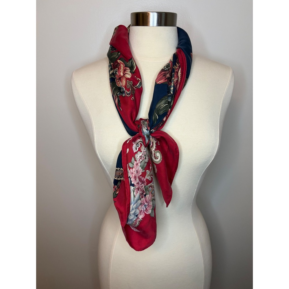 Talbots Red Blue Floral Peony 100% Silk Square Scarf Made in Japan Vintage NWT